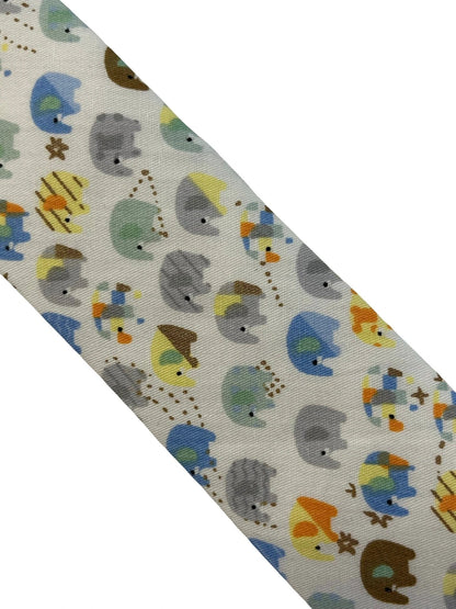 Ivory cotton tie with colourful elephants design by Frederick Thomas Handmade Mens Ties