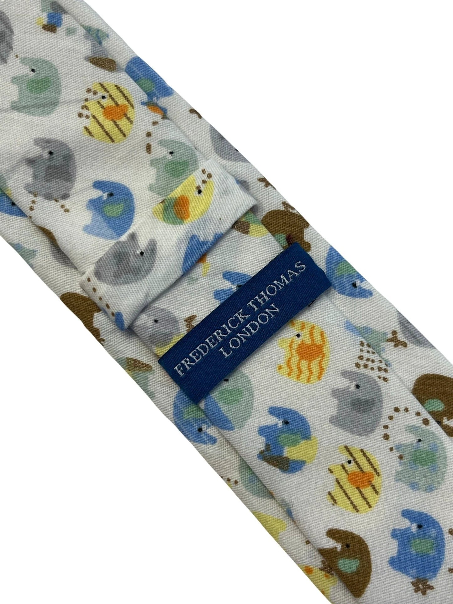 Ivory cotton tie with colourful elephants design by Frederick Thomas Handmade Mens Ties