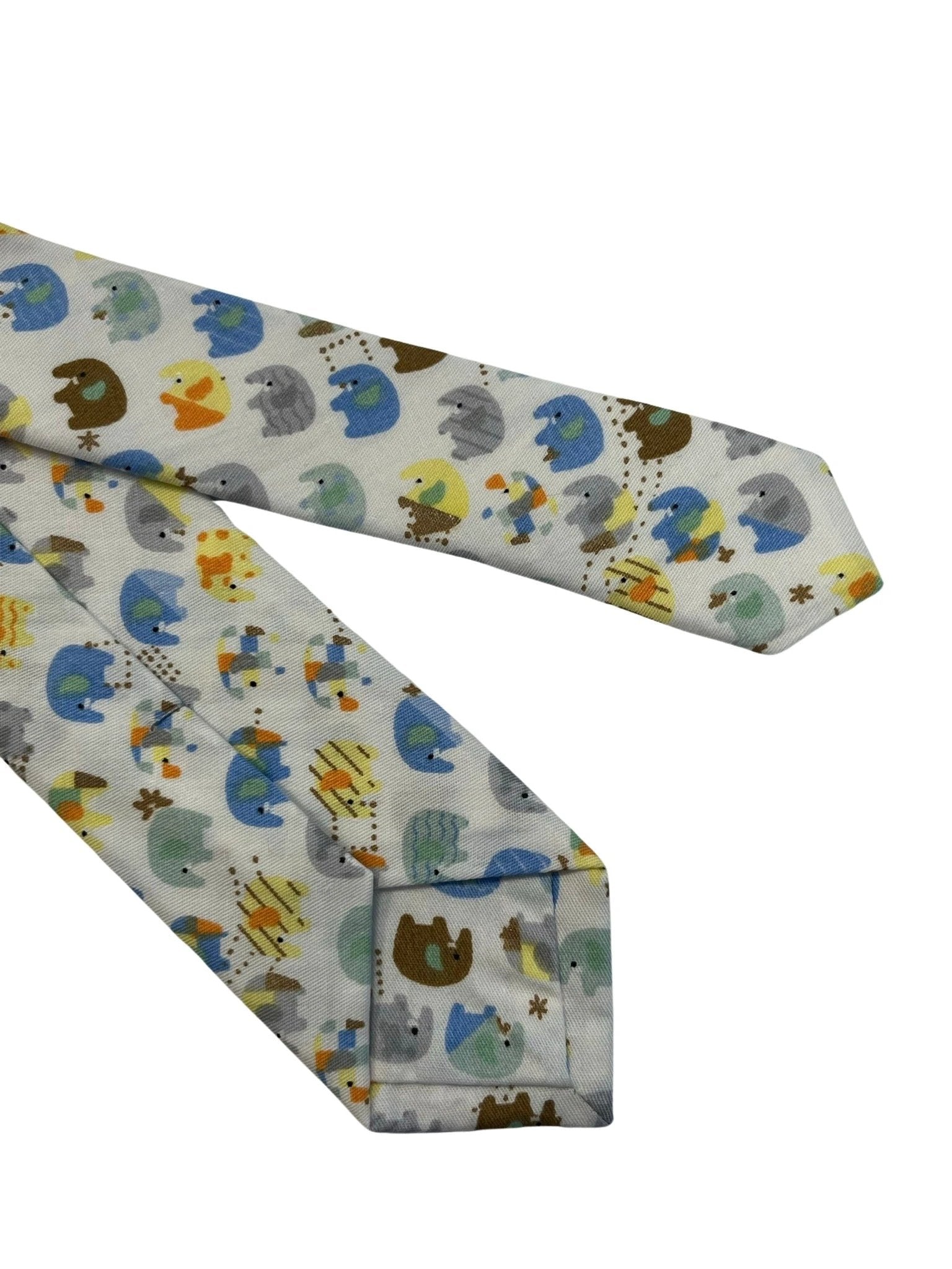 Ivory cotton tie with colourful elephants design by Frederick Thomas Handmade Mens Ties
