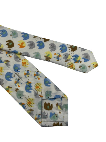 Ivory cotton tie with colourful elephants design by Frederick Thomas Handmade Mens Ties