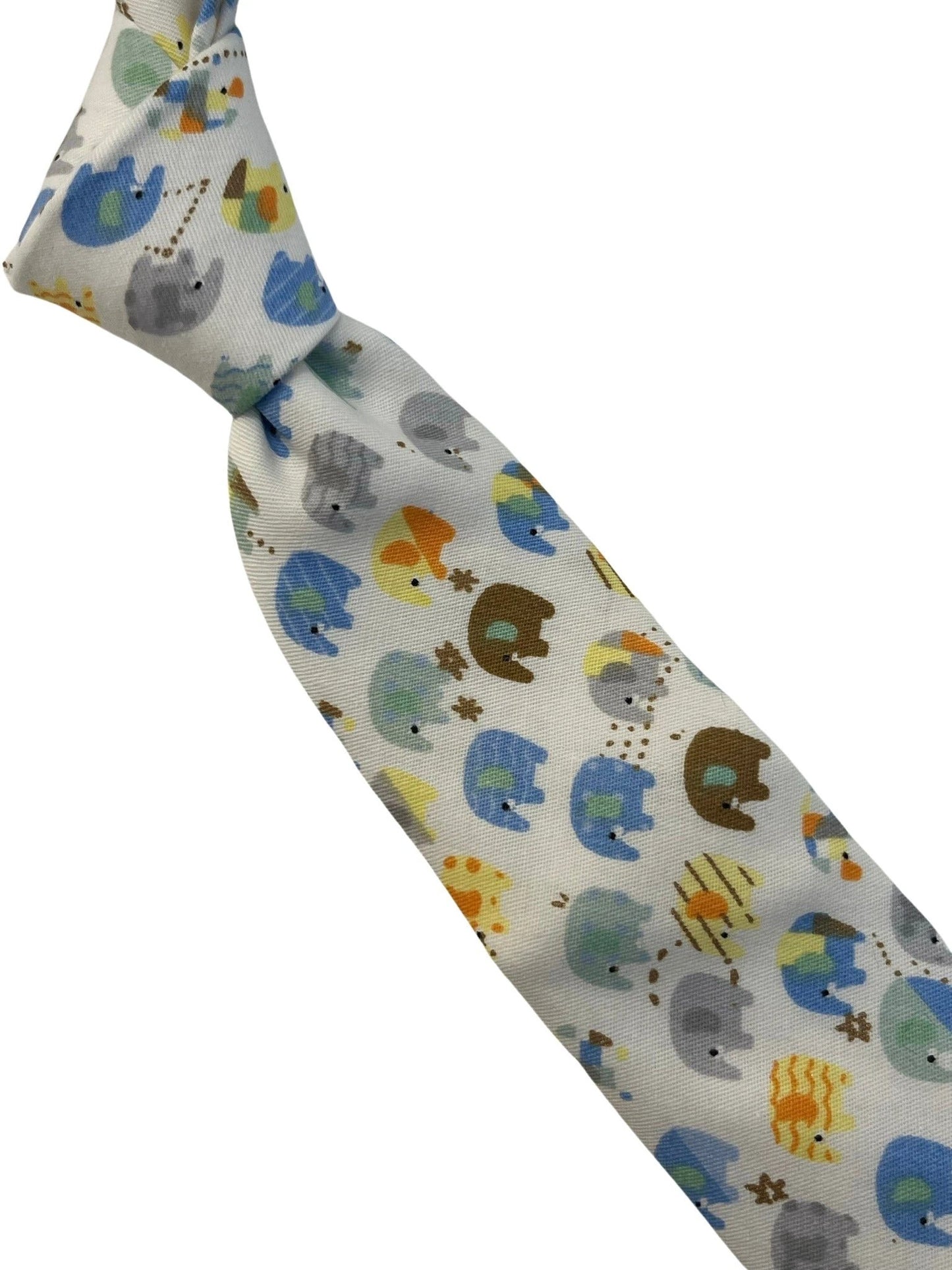 Ivory cotton tie with colourful elephants design by Frederick Thomas Handmade Mens Ties
