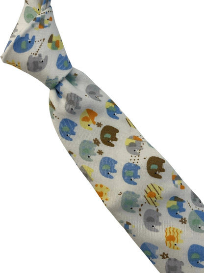 Ivory cotton tie with colourful elephants design by Frederick Thomas Handmade Mens Ties