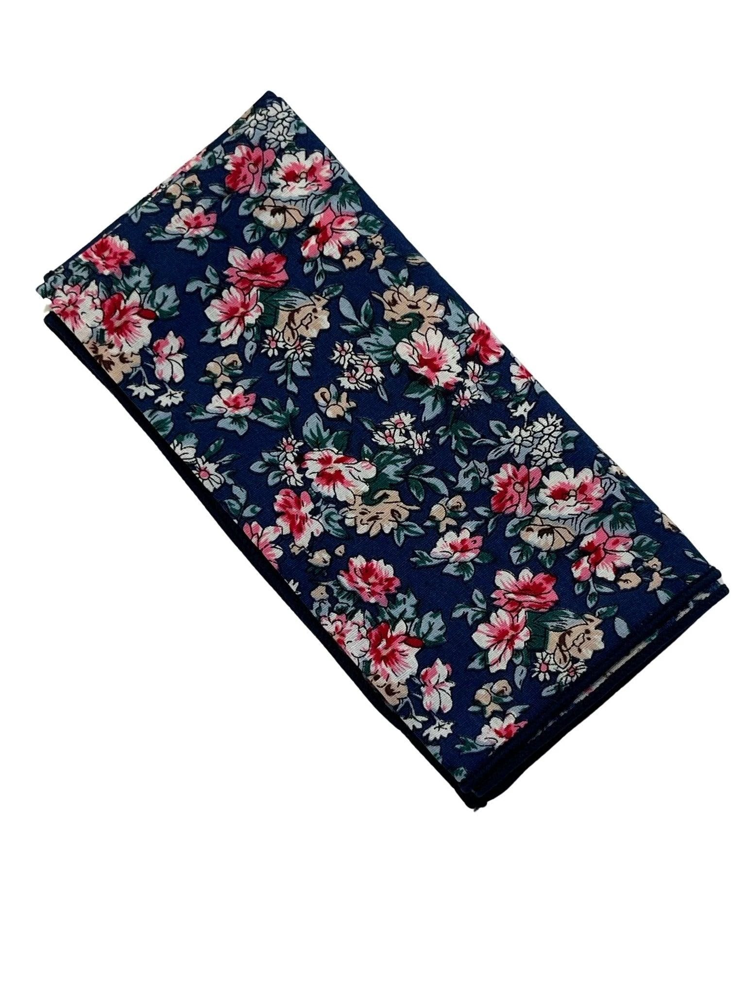 Navy with English wildflower garden, rose, daisy, flower, floral design cotton pocket square by Frederick Thomas Handmade Mens Ties