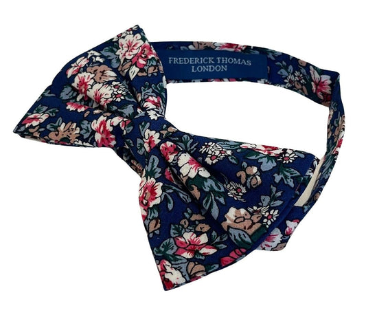 Navy Blue English Wildflower Garden, Rose, Daisy Design Bow Tie by Frederick Thomas Handmade Mens Ties