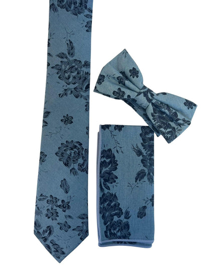Medium denim blue stencil english wild-flower floral design cotton pocket square by Frederick Thomas Handmade Mens Ties