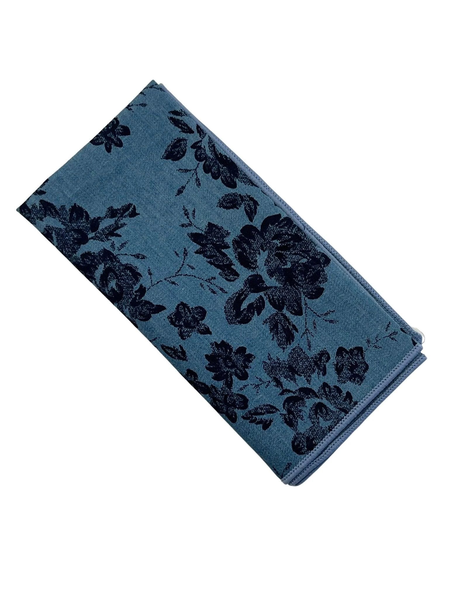 Medium denim blue stencil english wild-flower floral design cotton pocket square by Frederick Thomas Handmade Mens Ties