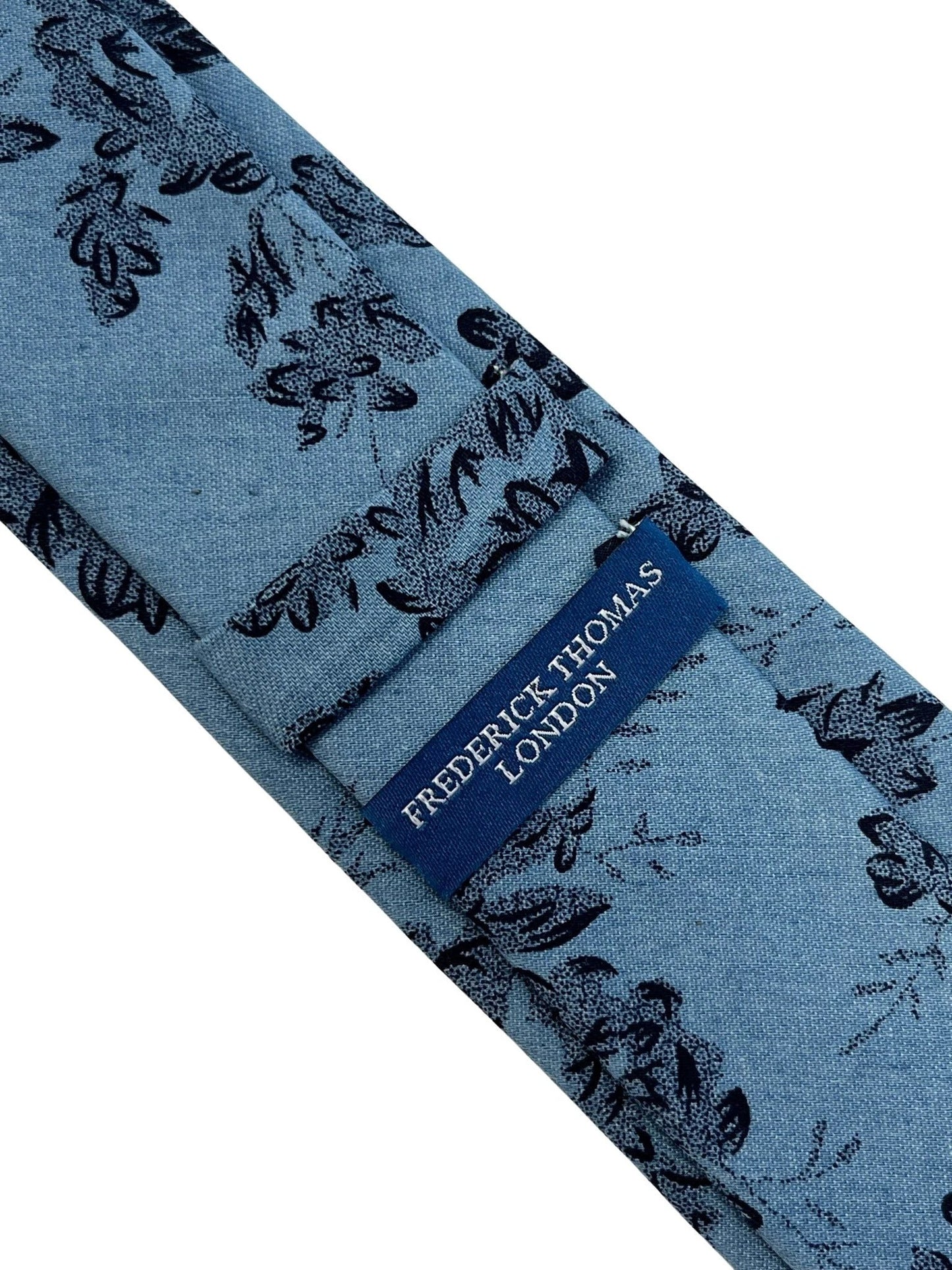 Medium Denim Blue Stencil English Wild-Flower Floral Design Cotton Tie - Handmade Statement Piece for Professionals by Frederick Thomas Handmade Mens Ties