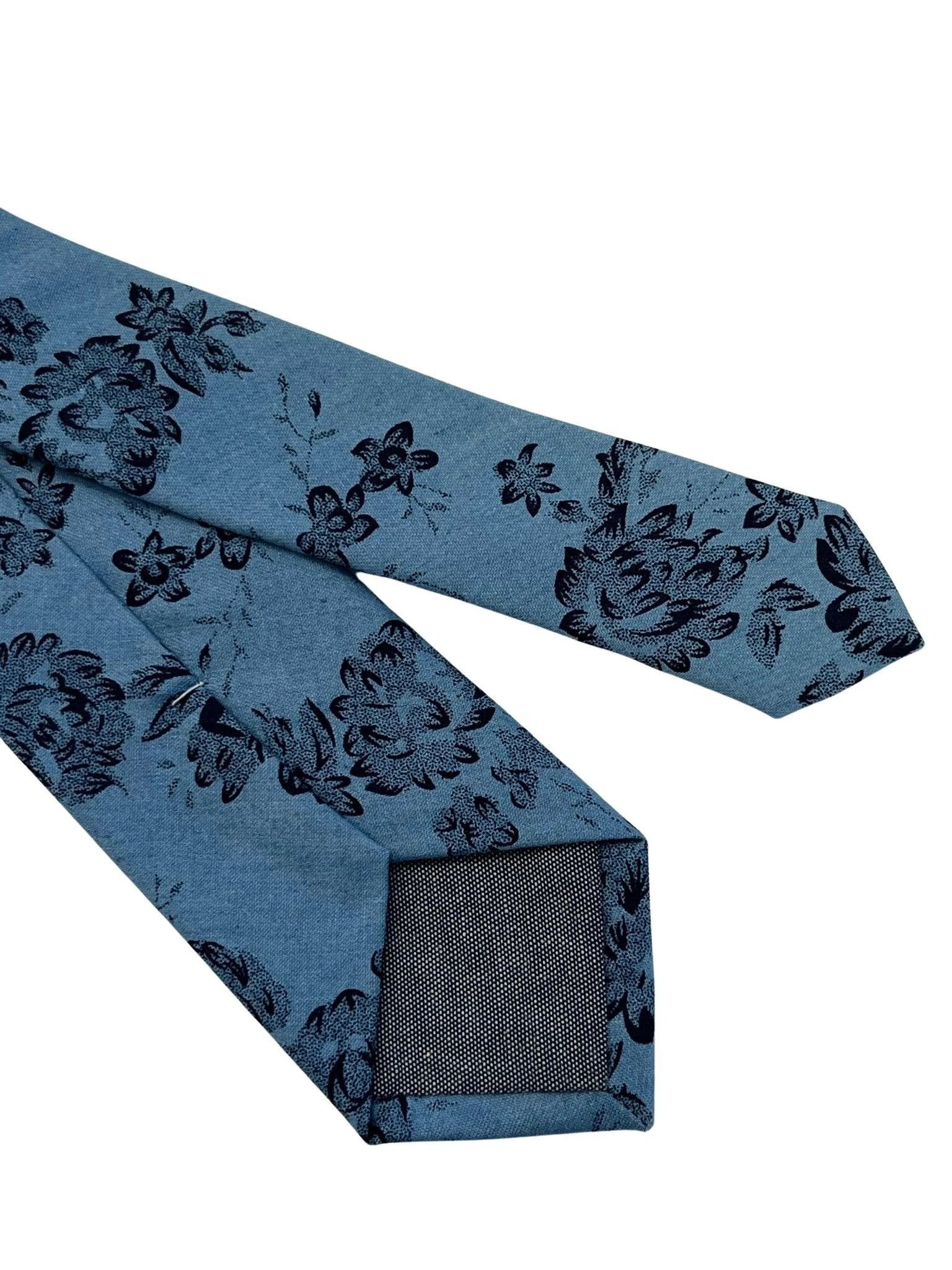 Medium Denim Blue Stencil English Wild-Flower Floral Design Cotton Tie - Handmade Statement Piece for Professionals by Frederick Thomas Handmade Mens Ties