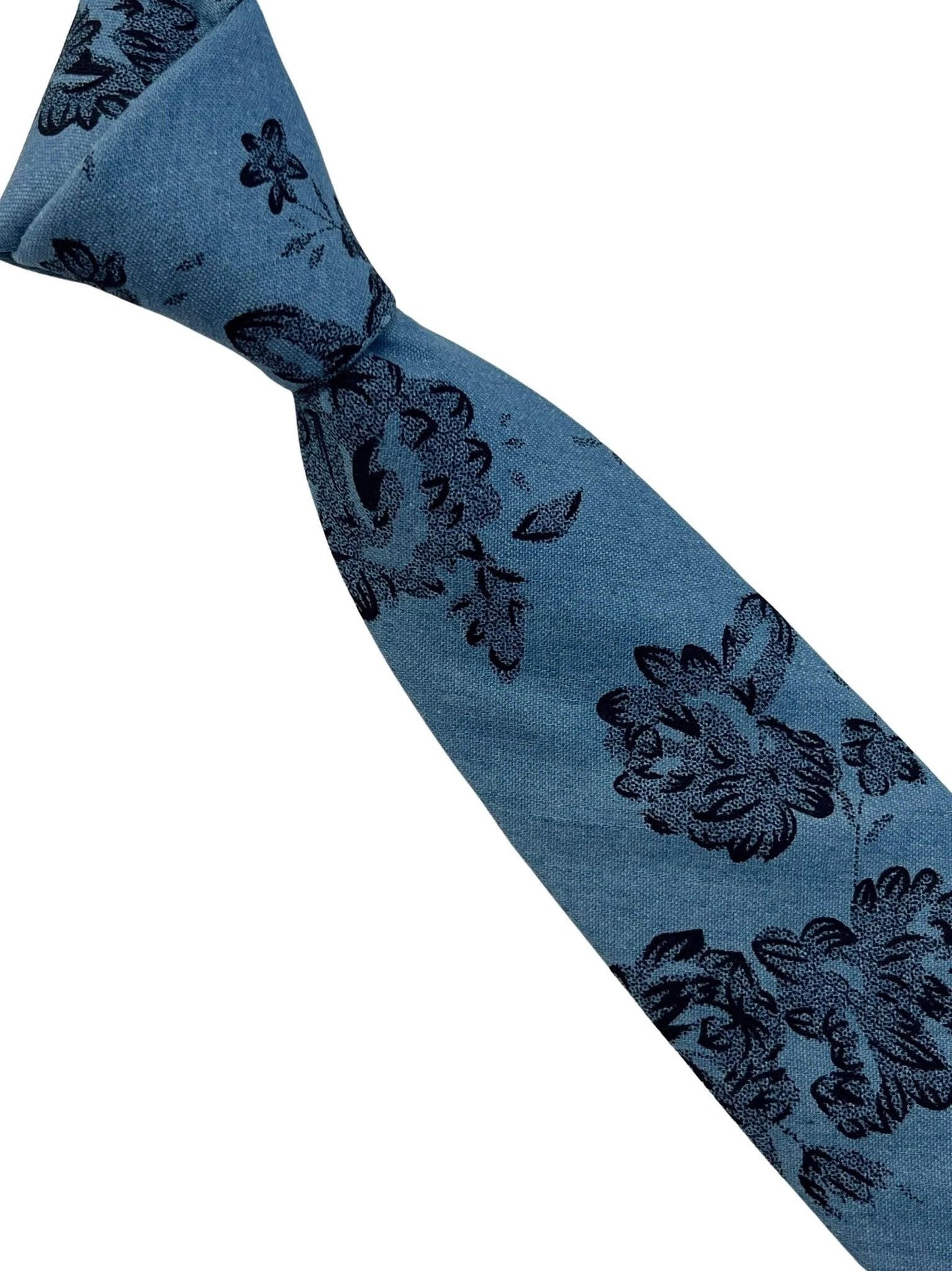 Medium Denim Blue Stencil English Wild-Flower Floral Design Cotton Tie - Handmade Statement Piece for Professionals by Frederick Thomas Handmade Mens Ties
