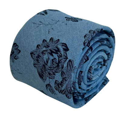 Medium Denim Blue Stencil English Wild-Flower Floral Design Cotton Tie - Handmade Statement Piece for Professionals by Frederick Thomas Handmade Mens Ties
