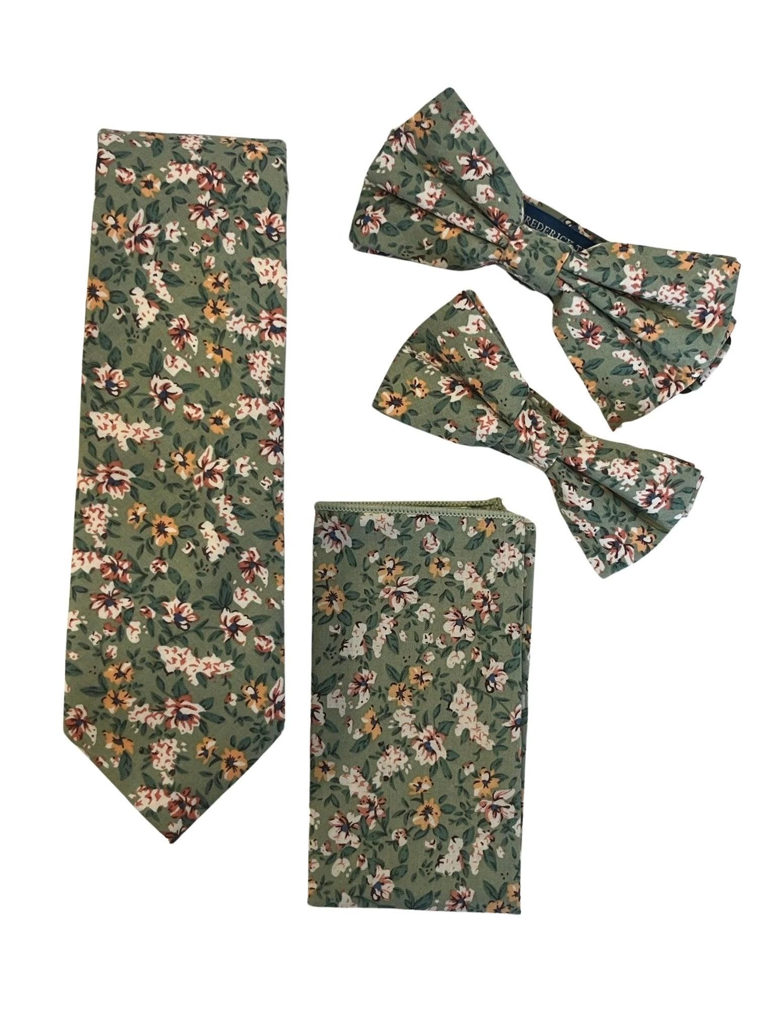Sage green, light olive stencil english wild-flower cotton child's bow tie by Frederick Thomas Handmade Mens Ties