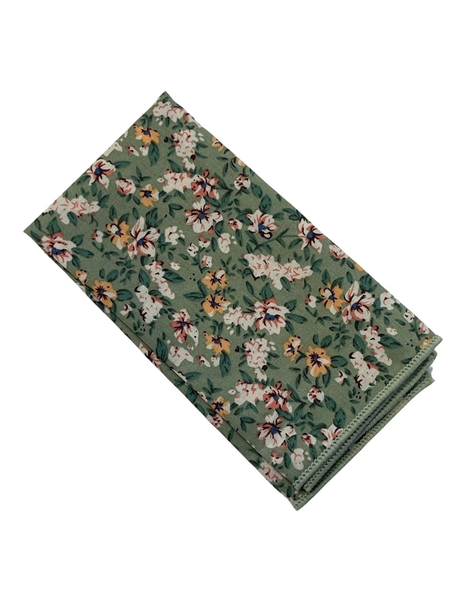 Sage green, light olive stencil english wild-flower floral design cotton pocket square by Frederick Thomas Handmade Mens Ties