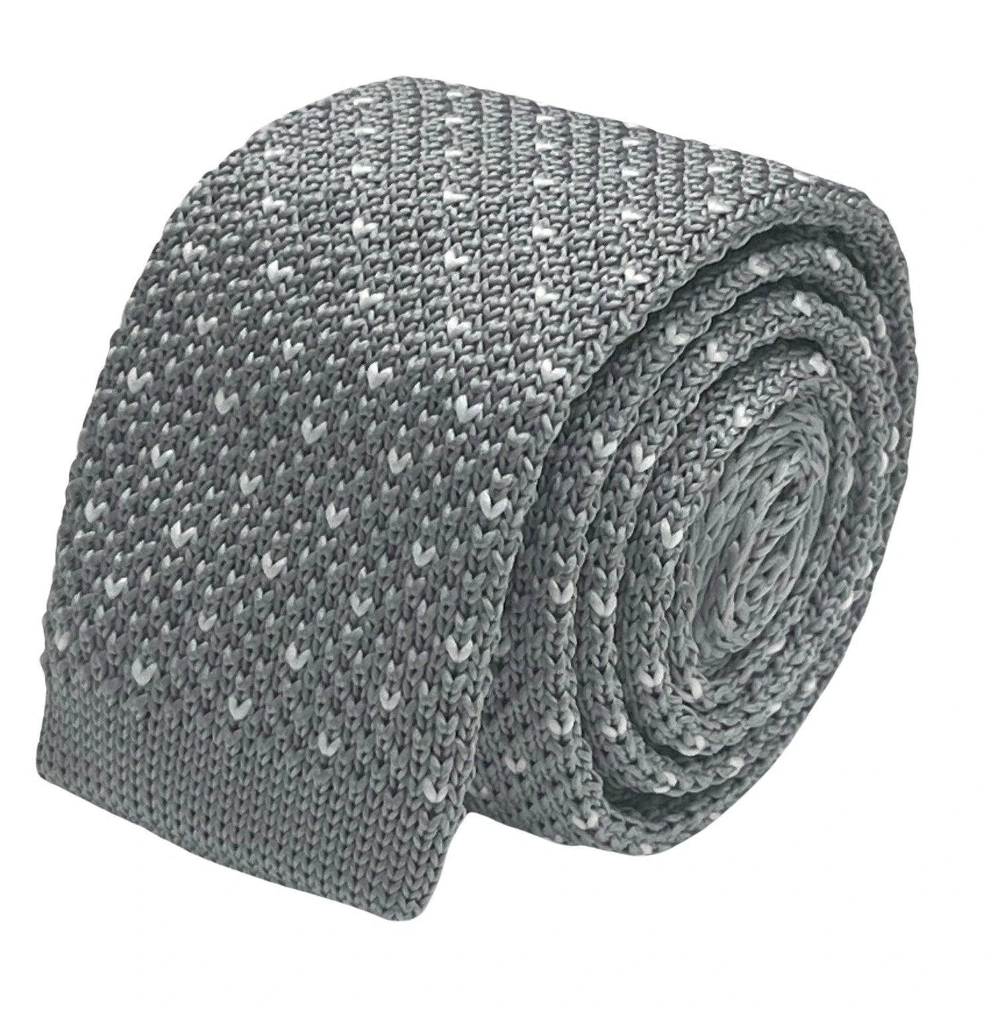 Light silver grey knitted tie with white pin spots by Frederick Thomas Handmade Mens Ties