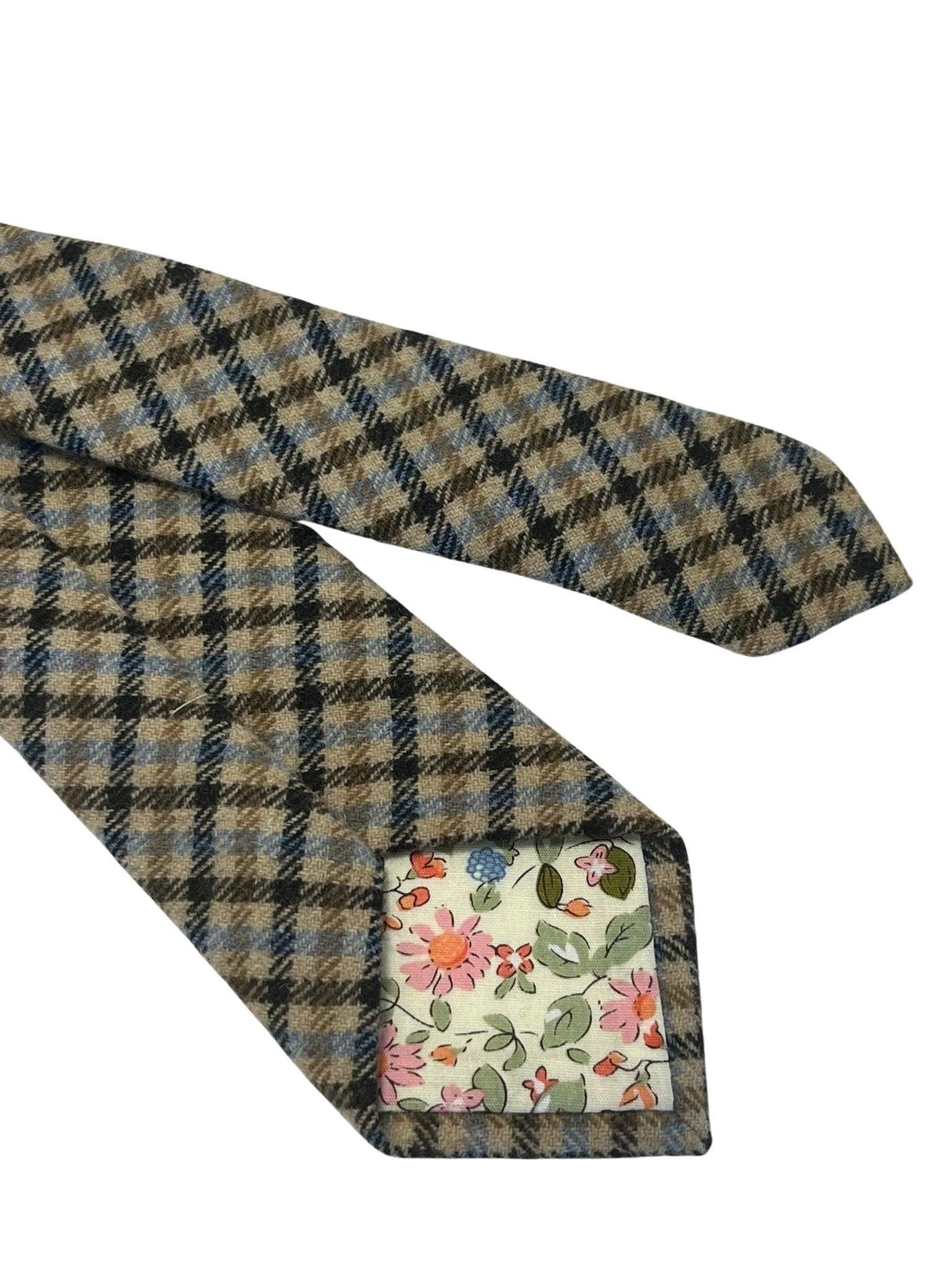 Beige taupe brown blue check wool tie by Frederick Thomas Handmade Mens Ties