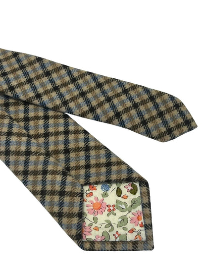 Beige taupe brown blue check wool tie by Frederick Thomas Handmade Mens Ties