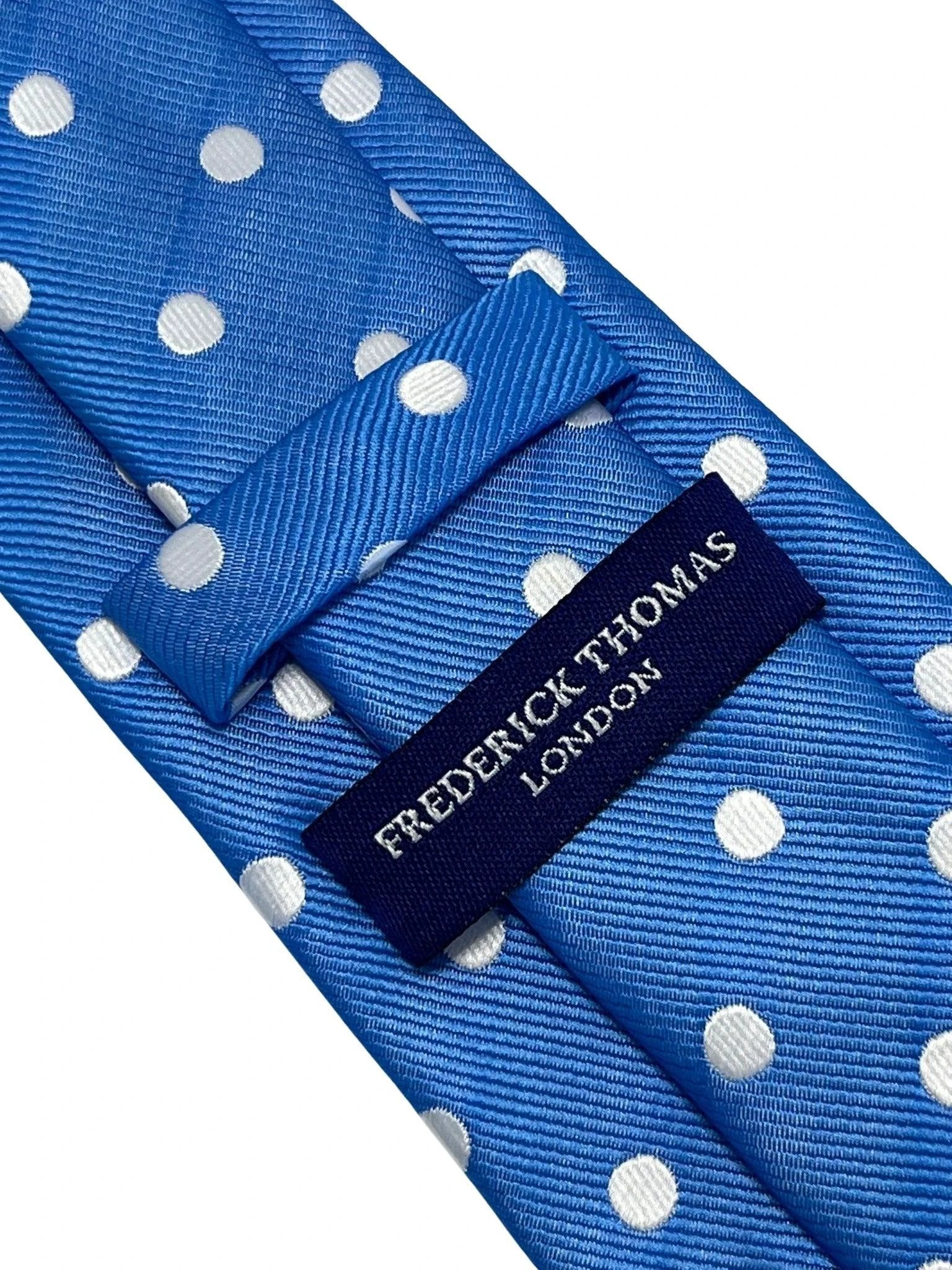 Medium electric blue tie with white polka spots by Frederick Thomas Handmade Mens Ties