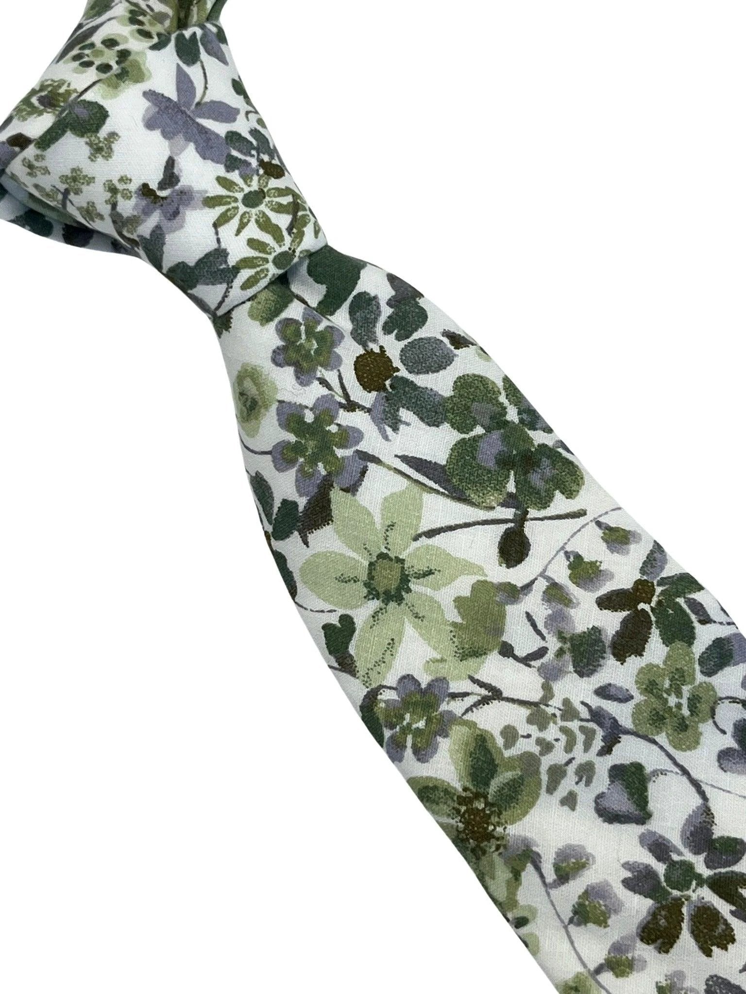 Green And White Tie With Wildflower English Meadow Spring Floral Design - Handmade By Frederick Thomas by Frederick Thomas Handmade Mens Ties