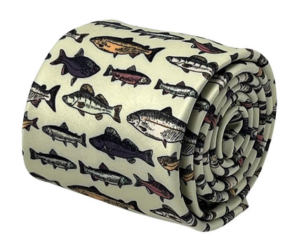 Ivory cream tie with bass carp trout sea fish-ing by Frederick Thomas Handmade Mens Ties