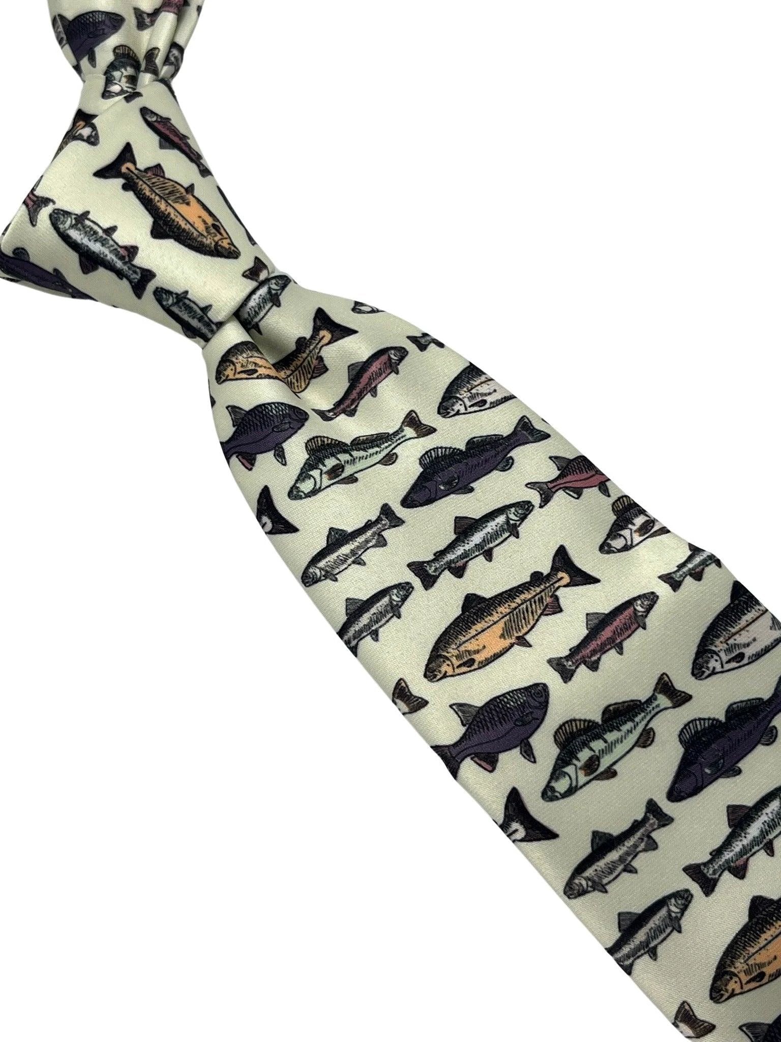 Ivory cream tie with bass carp trout sea fish-ing by Frederick Thomas Handmade Mens Ties