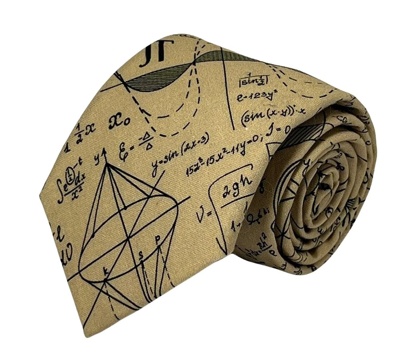 Beige cream gold with maths equations algebra Einstein tie by Frederick Thomas Handmade Mens Ties