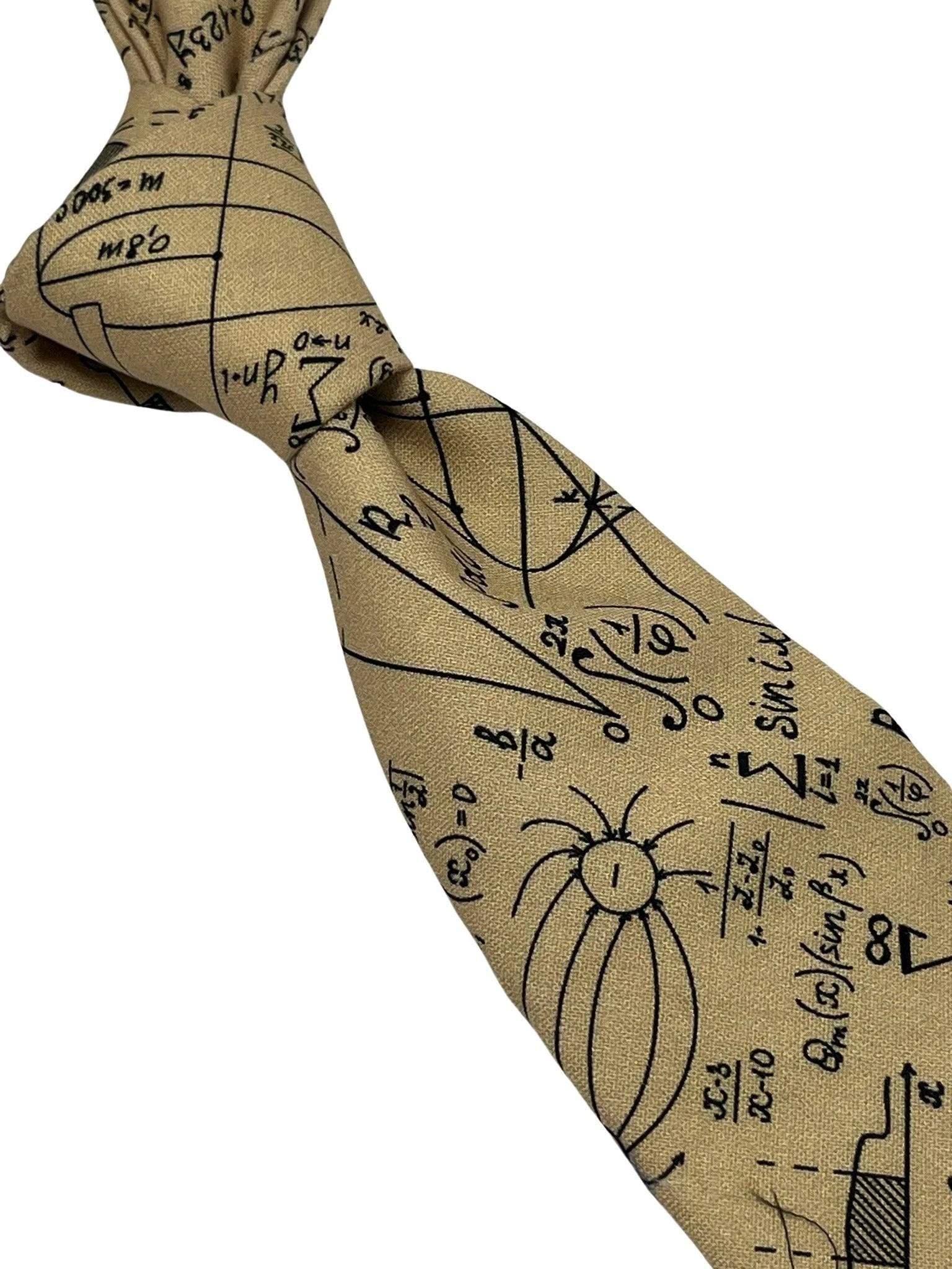 Beige cream gold with maths equations algebra Einstein tie by Frederick Thomas Handmade Mens Ties