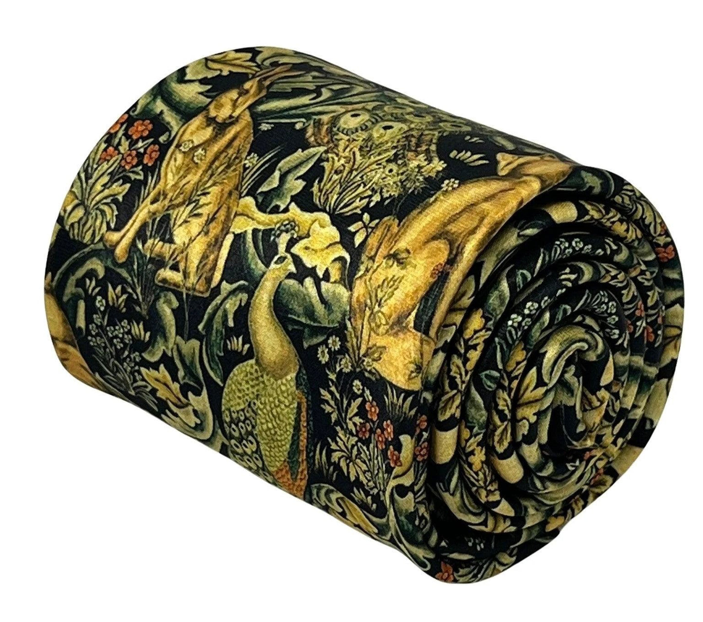 Black tie with peacock hare rabbit woodland liberty style by Frederick Thomas Handmade Mens Ties
