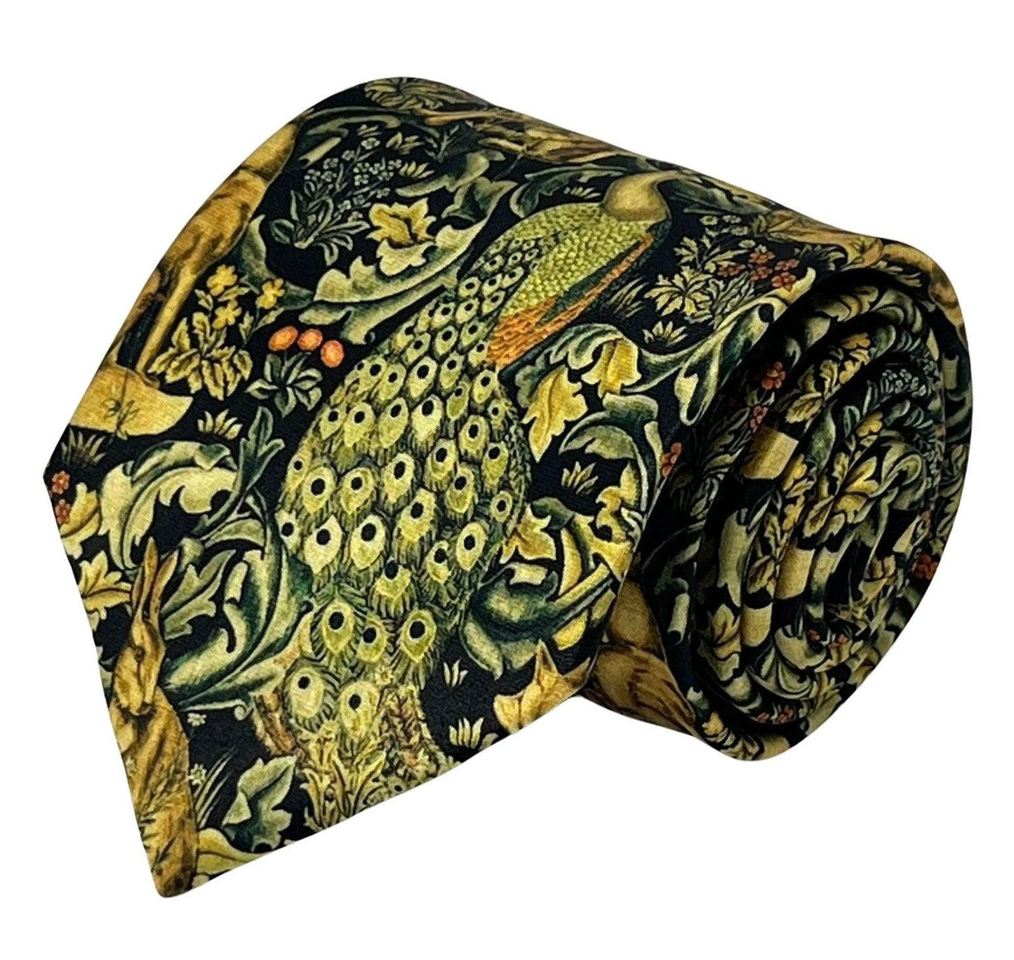 Black tie with peacock hare rabbit woodland liberty style by Frederick Thomas Handmade Mens Ties