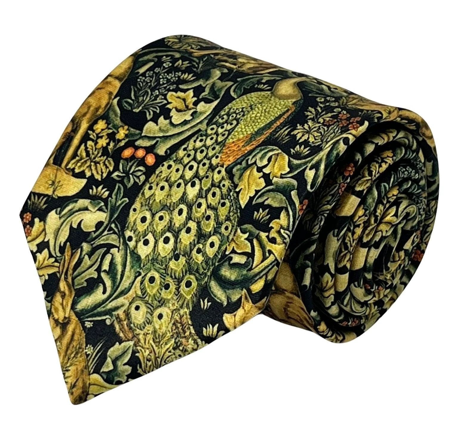 Black tie with peacock hare rabbit woodland liberty style by Frederick Thomas Handmade Mens Ties