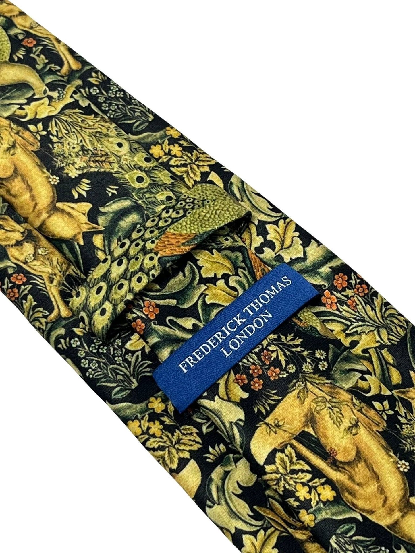 Black tie with peacock hare rabbit woodland liberty style by Frederick Thomas Handmade Mens Ties