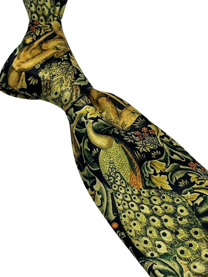 Black tie with peacock hare rabbit woodland liberty style by Frederick Thomas Handmade Mens Ties