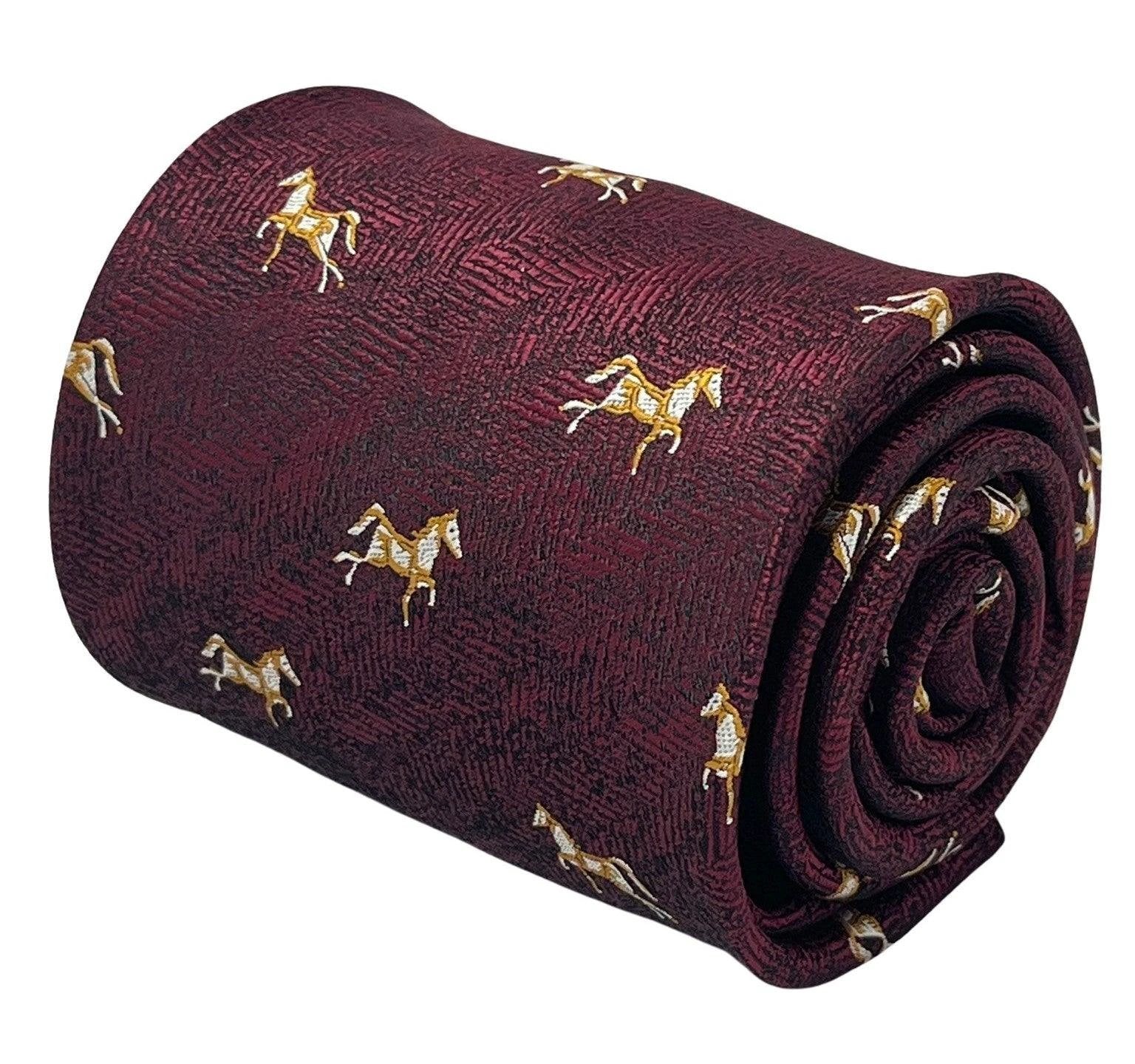 Maroon Herringbone Tie With Thoroughbred Horse Design - Handcrafted Luxury Finish For The Modern Professional by Frederick Thomas Handmade Mens Ties