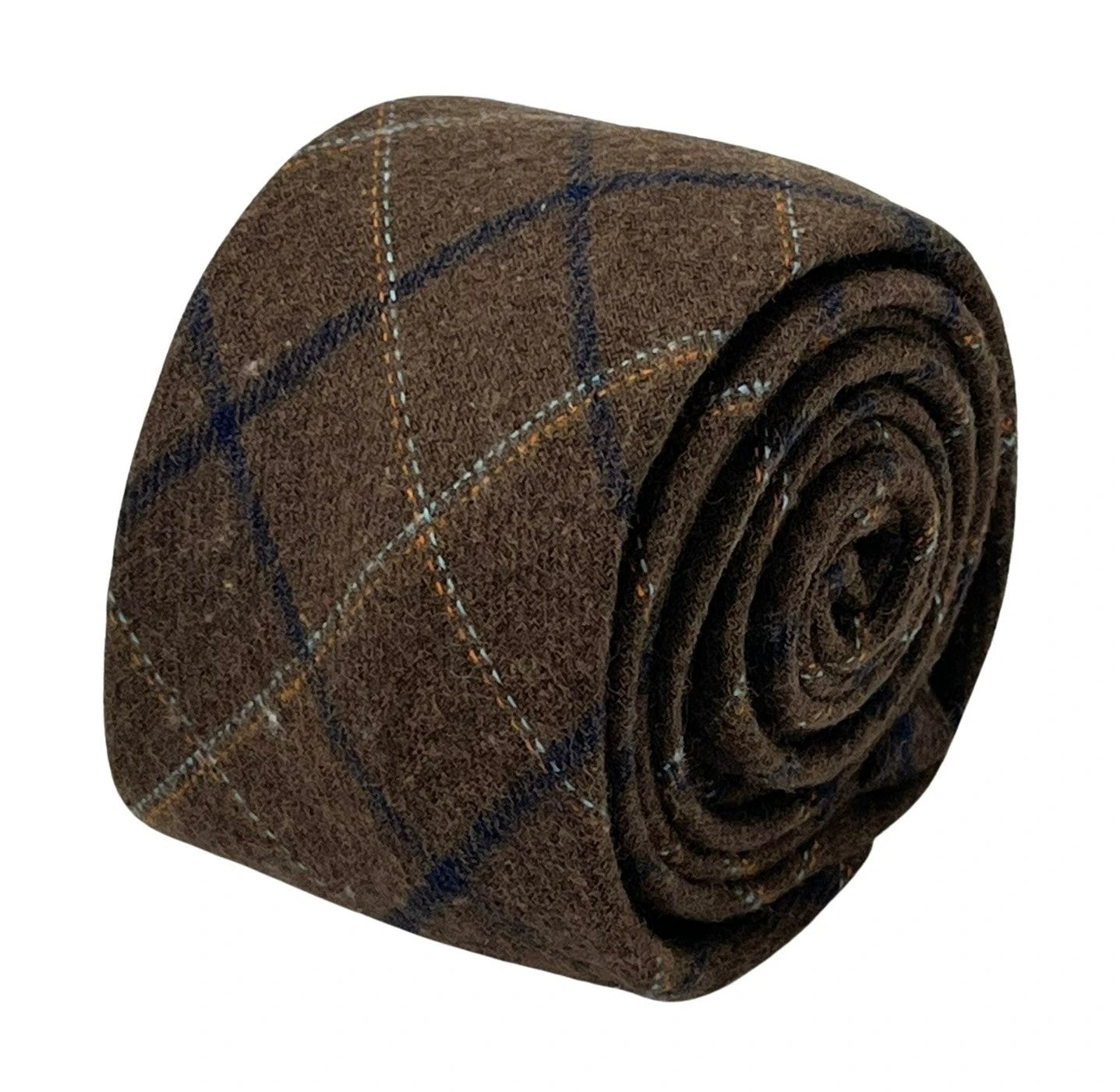 chocolate brown country tweed wool tie with blue check by Frederick Thomas Handmade Mens Ties