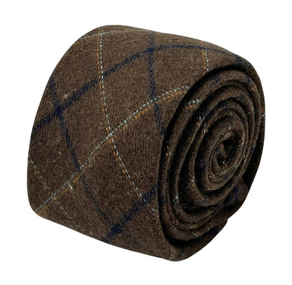 chocolate brown country tweed wool tie with blue check by Frederick Thomas Handmade Mens Ties