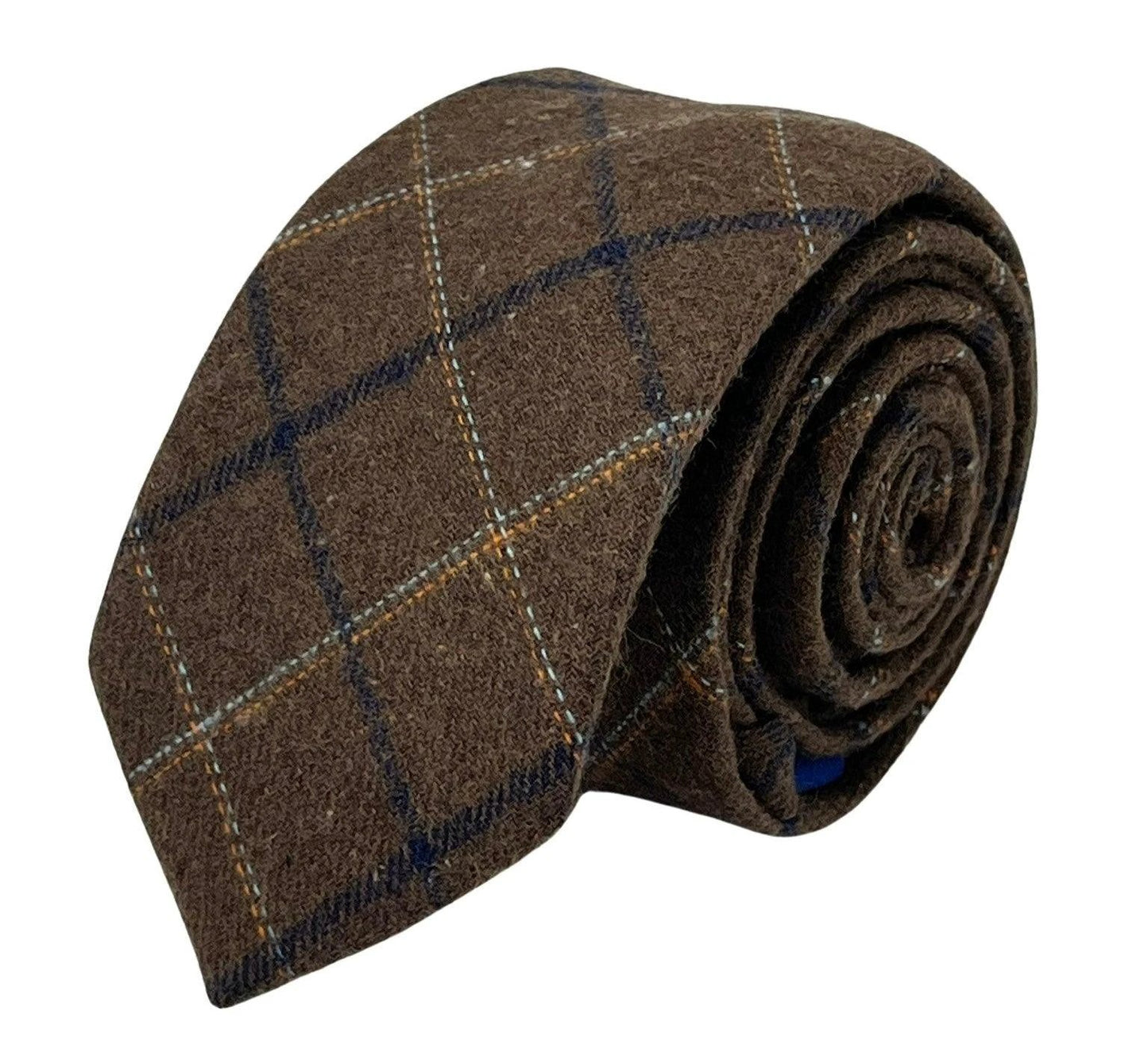chocolate brown country tweed wool tie with blue check by Frederick Thomas Handmade Mens Ties