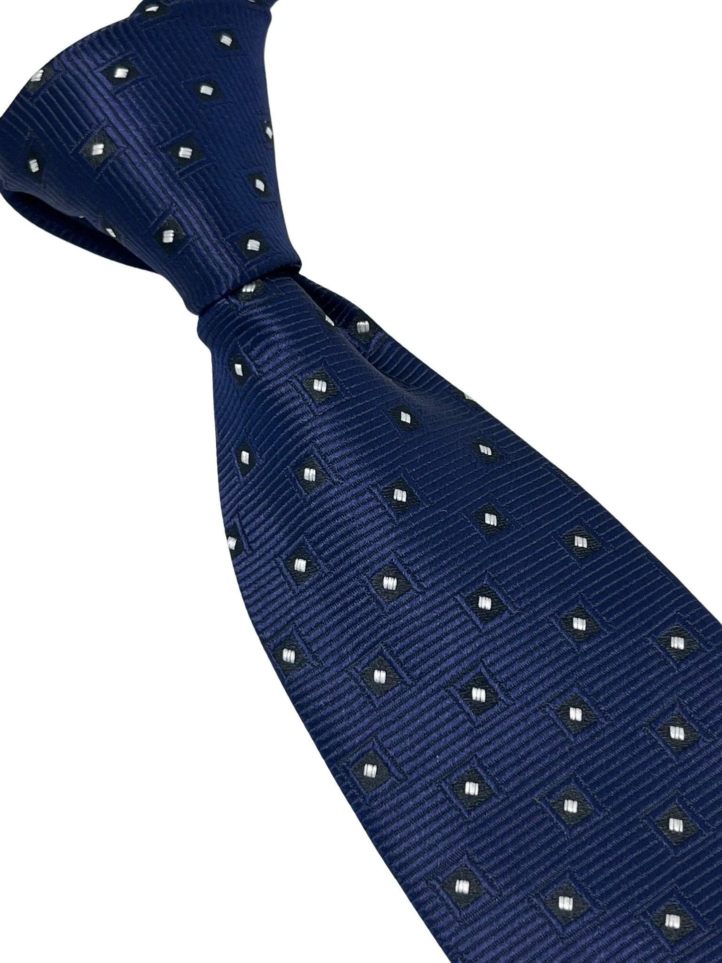 Dark Blue Navy Tie With Geometric Square Design - Handcrafted For The Discerning Gentleman by Frederick Thomas Handmade Mens Ties