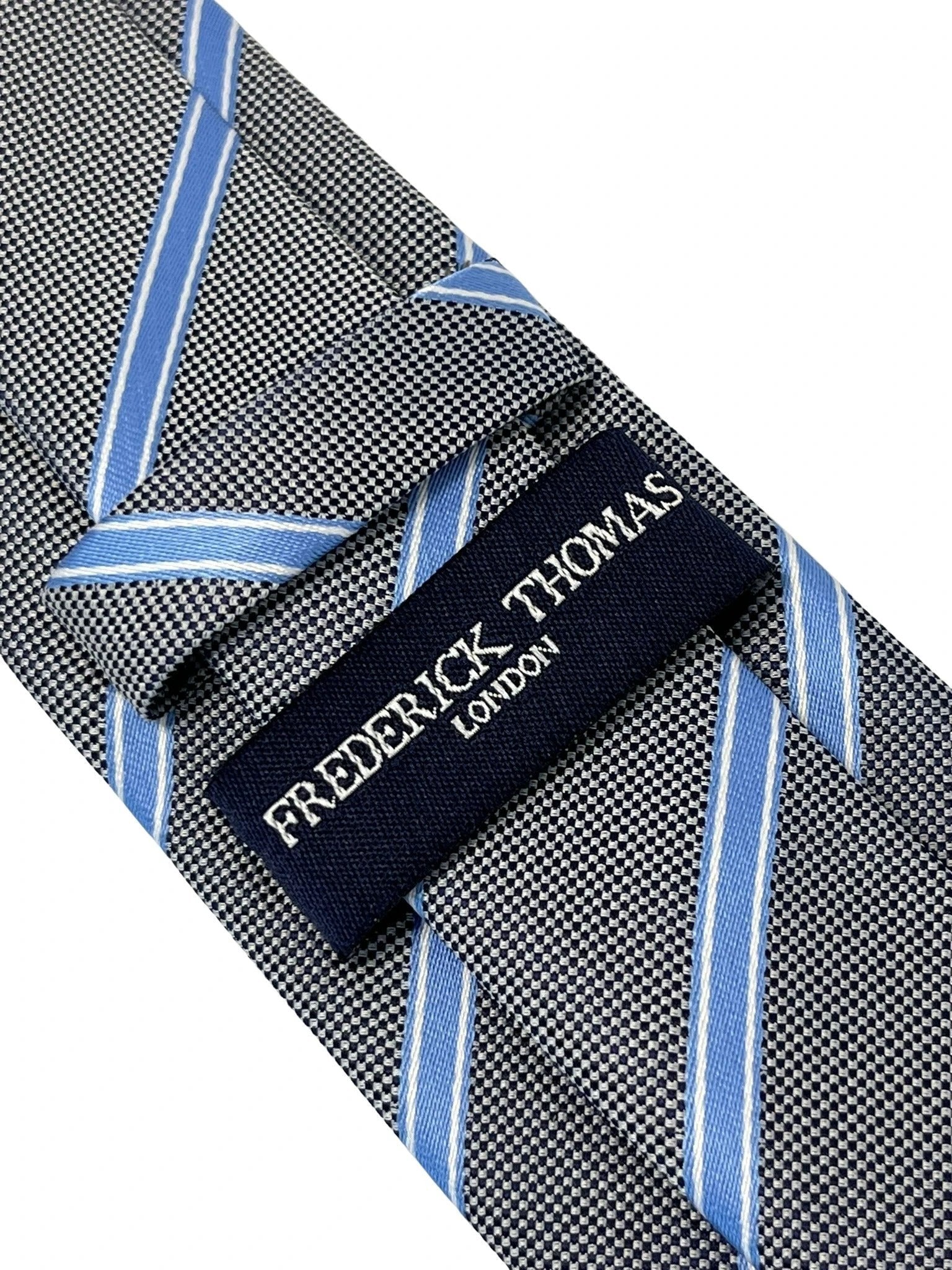 grey tie with light blue thin stripe by Frederick Thomas Handmade Mens Ties