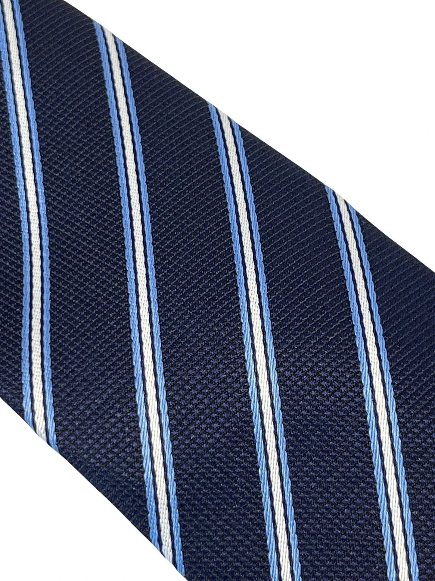 dark navy blue tie with thin light blue and white stripe by Frederick Thomas Handmade Mens Ties
