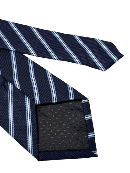 dark navy blue tie with thin light blue and white stripe by Frederick Thomas Handmade Mens Ties