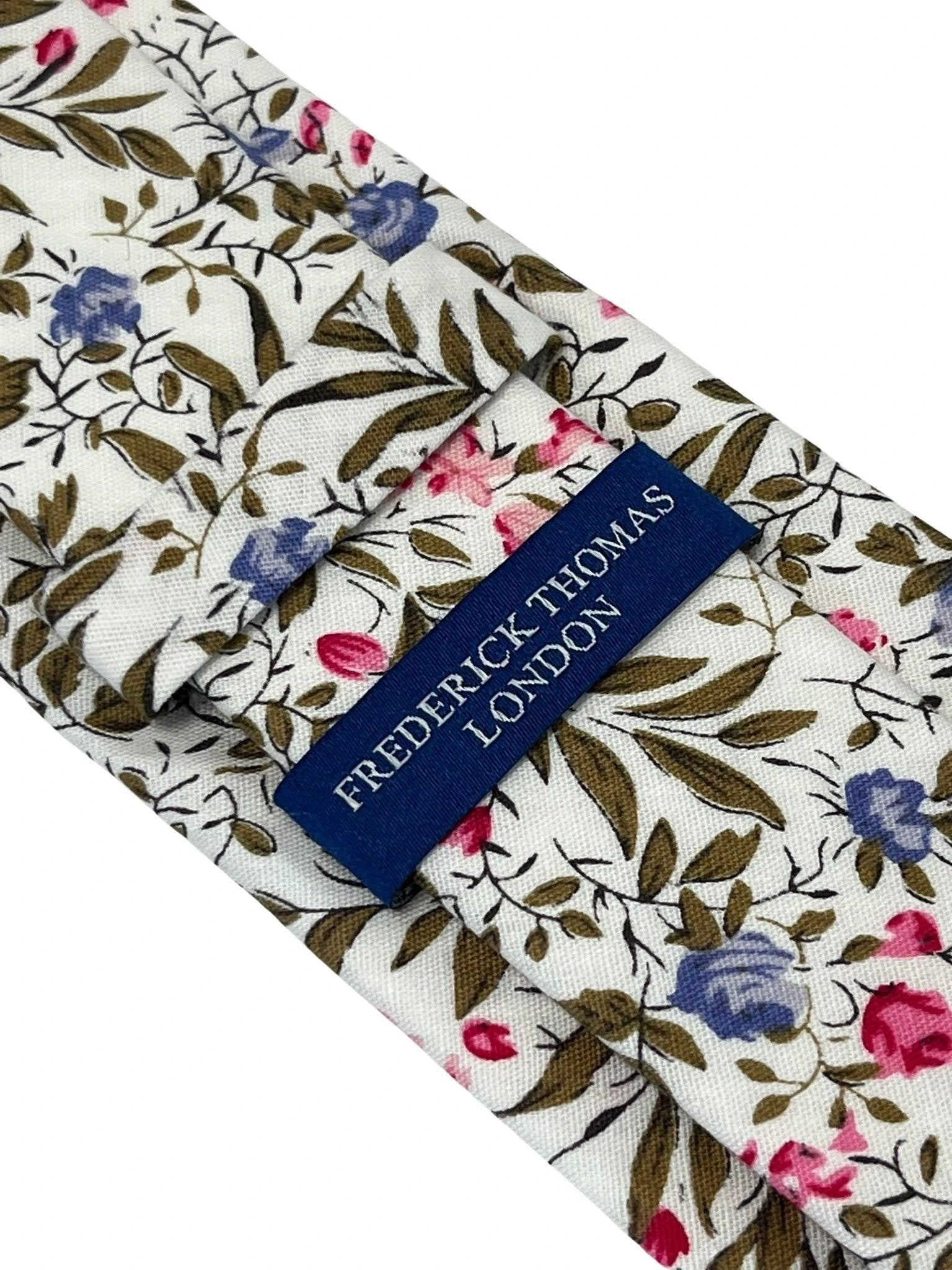 Ivory Pink Cotton Tie With English Wildflower Garden Design - Handcrafted Statement Piece For Weddings And Formal Wear by Frederick Thomas Handmade Mens Ties