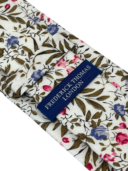 Matching Ivory Pink Cotton Tie And Pocket Square With Wildflower Design - Subtle Botanical Elegance For Formalwear by Frederick Thomas Handmade Mens Ties