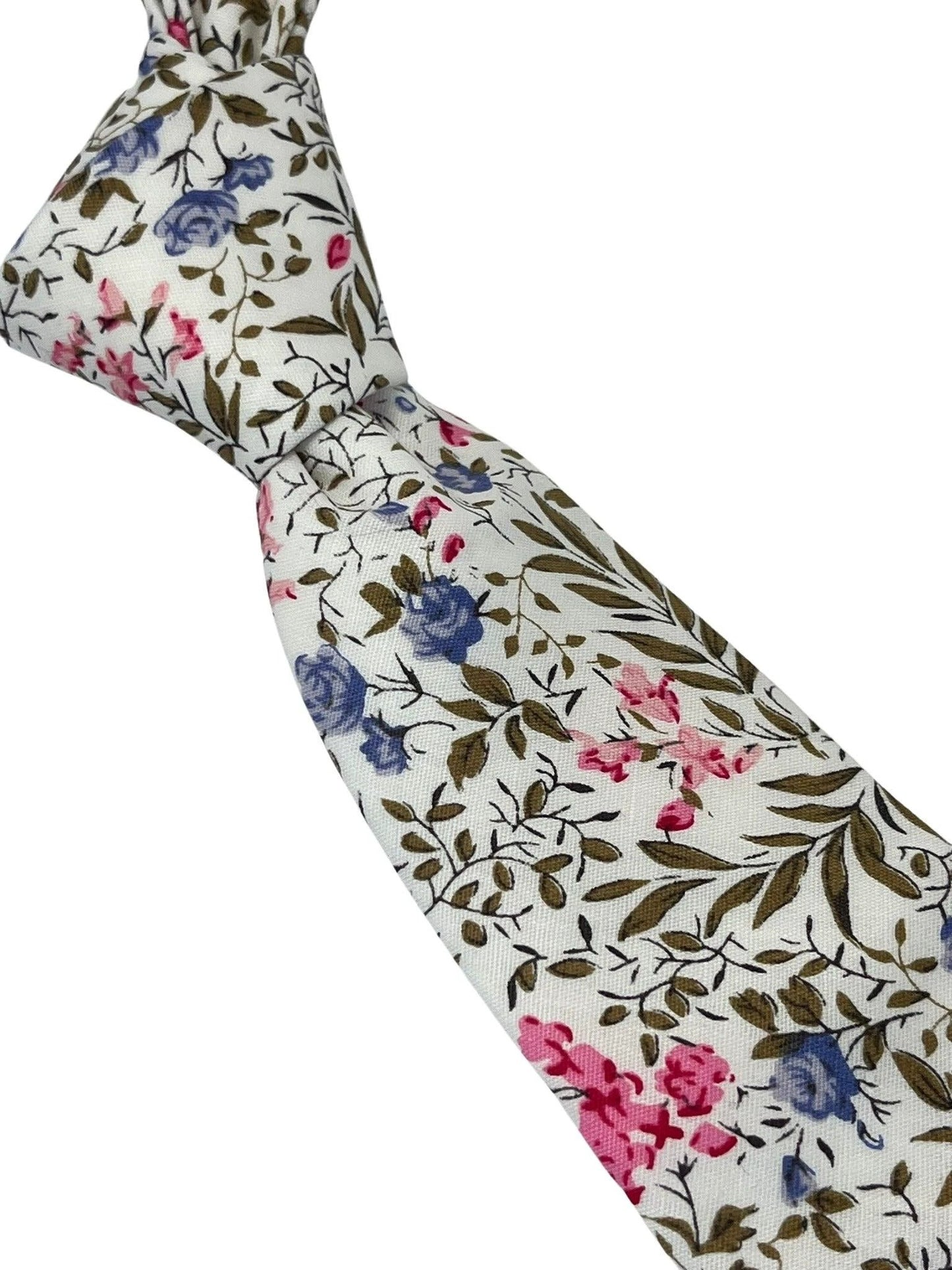 Matching Ivory Pink Cotton Tie And Pocket Square With Wildflower Design - Subtle Botanical Elegance For Formalwear by Frederick Thomas Handmade Mens Ties