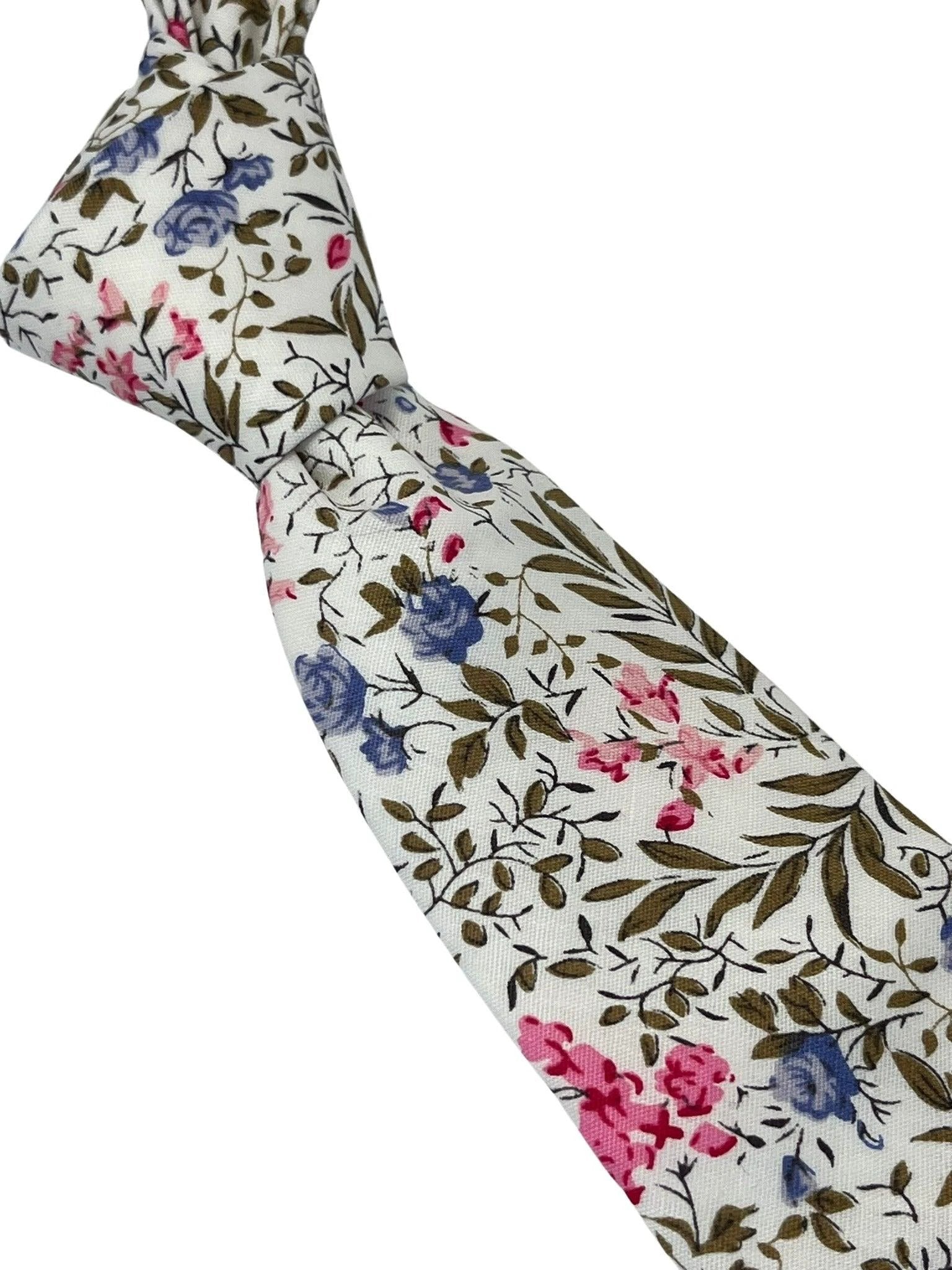 Ivory Pink Cotton Tie With English Wildflower Garden Design - Handcrafted Statement Piece For Weddings And Formal Wear by Frederick Thomas Handmade Mens Ties
