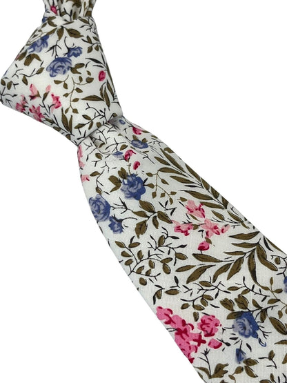Ivory Pink Cotton Tie With English Wildflower Garden Design - Handcrafted Statement Piece For Weddings And Formal Wear by Frederick Thomas Handmade Mens Ties
