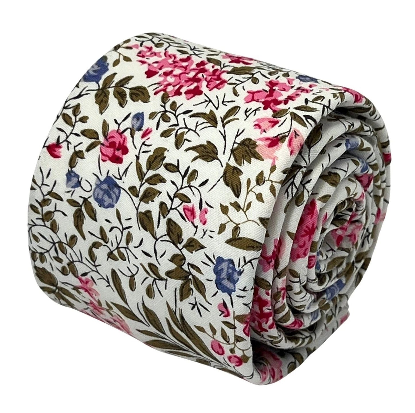 Matching Ivory Pink Cotton Tie And Pocket Square With Wildflower Design - Subtle Botanical Elegance For Formalwear by Frederick Thomas Handmade Mens Ties