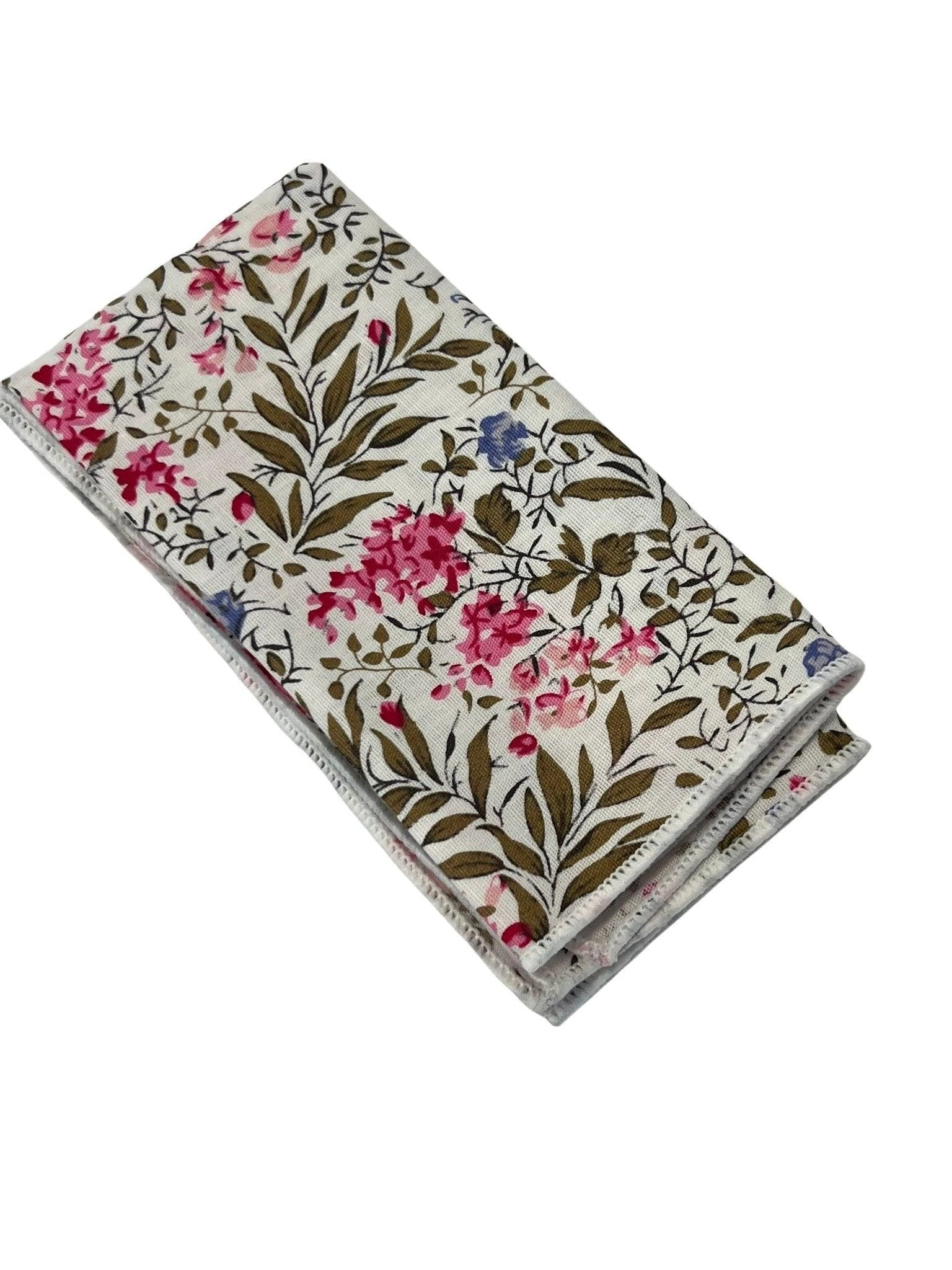 Frederick Thomas Ivory Pink Cotton Pocket Square - English Wildflower Garden Design For Timeless Formalwear by Frederick Thomas Handmade Mens Ties