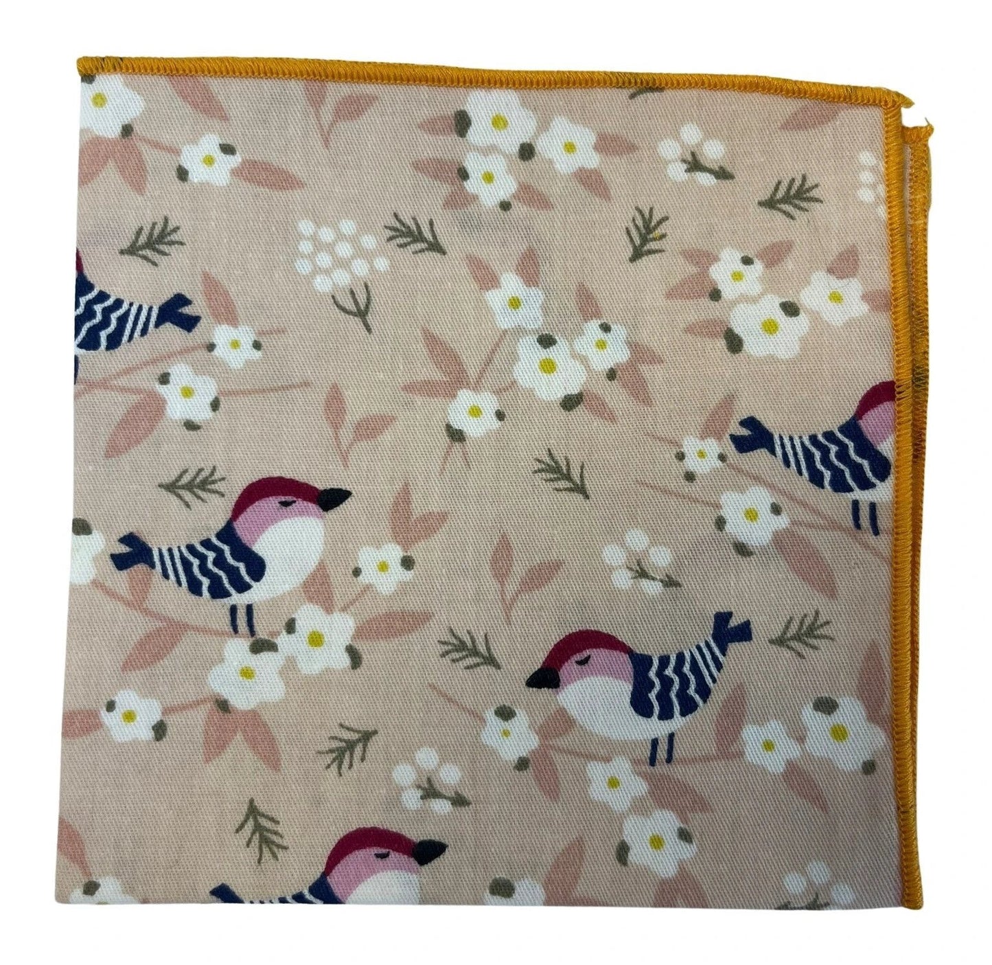 Light Peachy Pink Cotton Pocket Square With Pale Bird And Floral Print - Handmade Breathable Accessory For Suits by Frederick Thomas Handmade Mens Ties