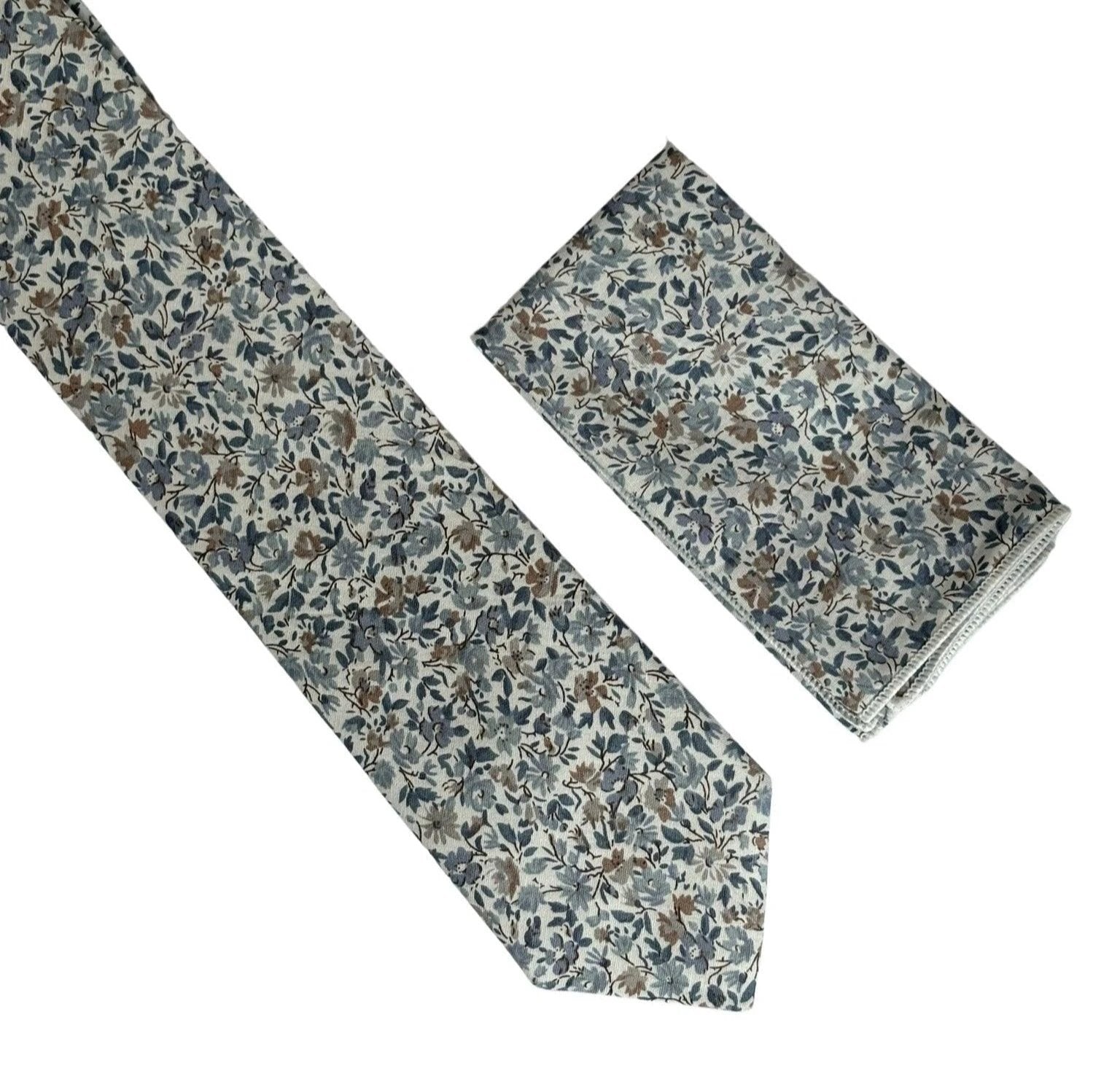 Dusky Blue English Wildflower Tie And Pocket Square Handcrafted Cotton Accessory For Subtle Garden Inspired Elegance by Frederick Thomas Handmade Mens Ties