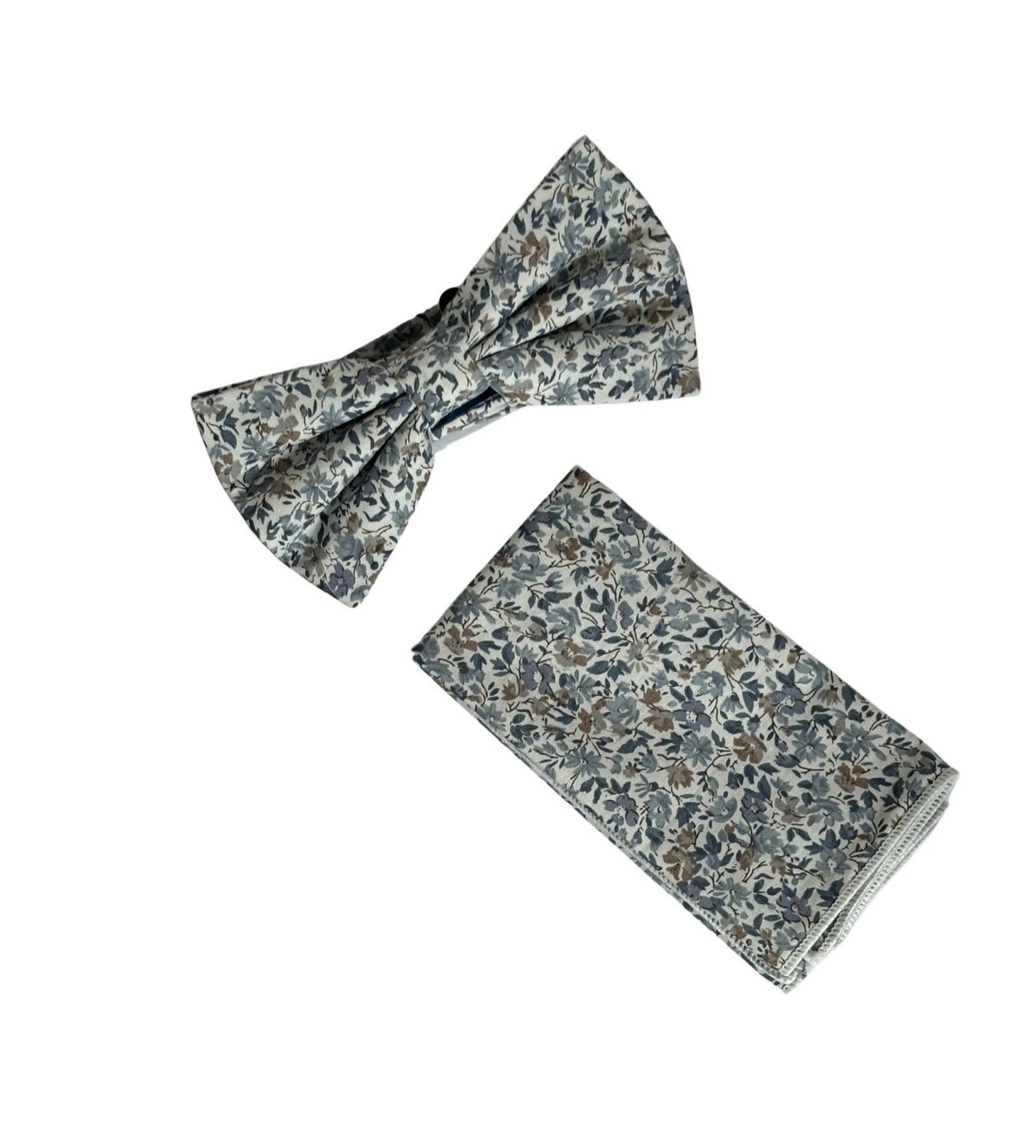Dusky Blue English Wildflower Cotton Bow Tie And Pocket Square Set For Weddings - Breathable Handcrafted Mens Accessory by Frederick Thomas Handmade Mens Ties