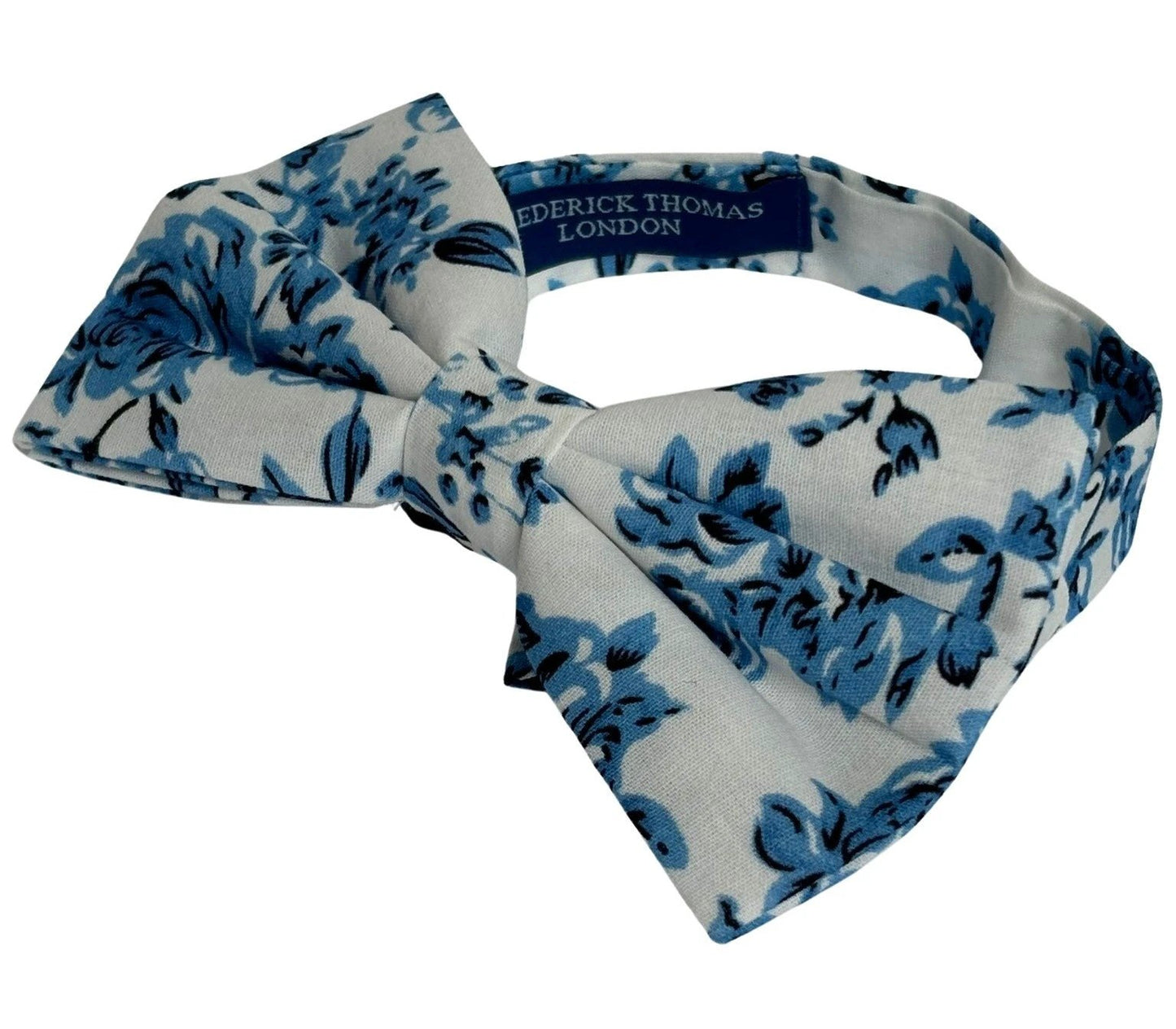Ivory Cotton Bow Tie With Blue Rose Design And Matching Pocket Square - Elegant Formalwear Set For All Day Comfort by Frederick Thomas Handmade Mens Ties