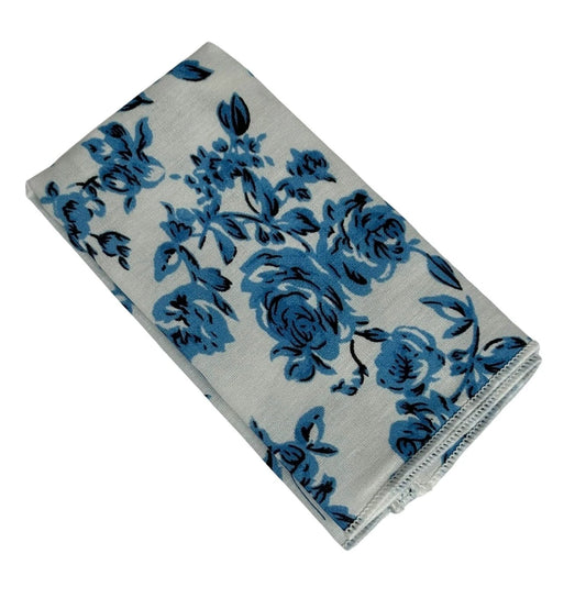 Ivory Cotton Pocket Square With Blue Rose Design - Handcrafted By Frederick Thomas For Timeless Tailoring by Frederick Thomas Handmade Mens Ties